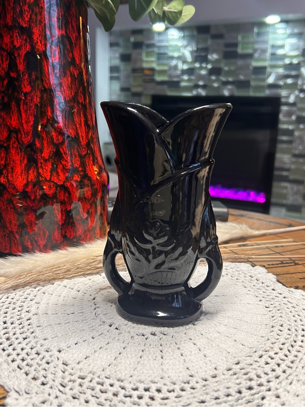 Vintage Black Ceramic Art Pottery Vase – Double Handle Sculptural Floral Vase
